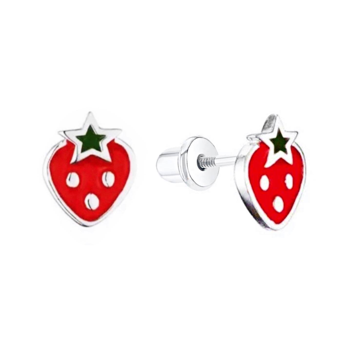 14K Gold Enamel Strawberry Screw Back Girls Earrings | Begonia Jewelry