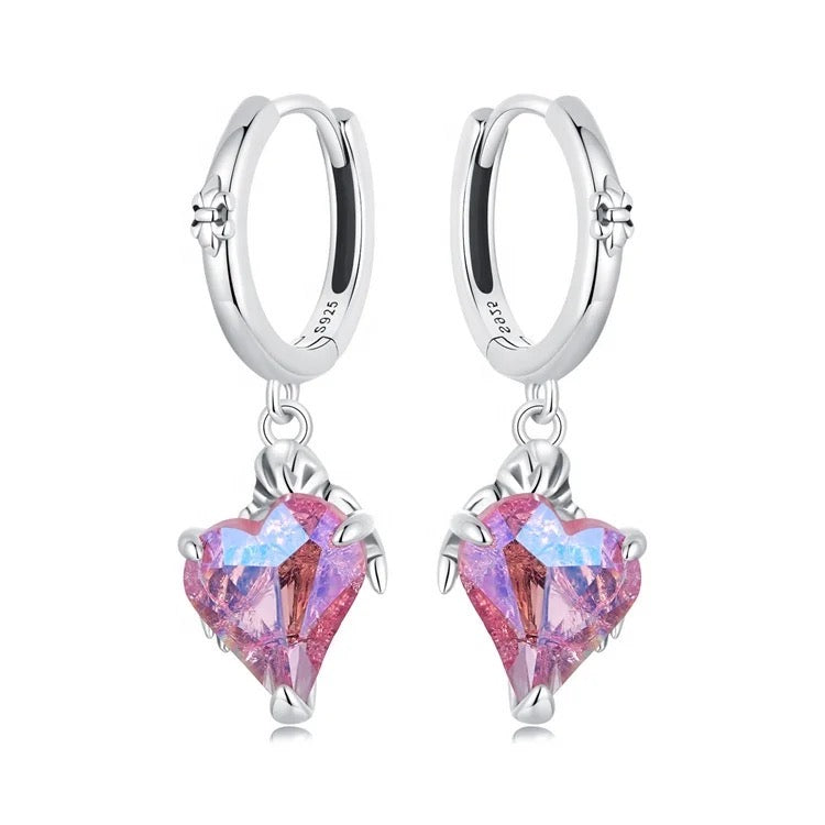 925 Sterling Silver Rhodium Plated Heart Pink Crystal Stones Huggie Earrings for Kids & Teens