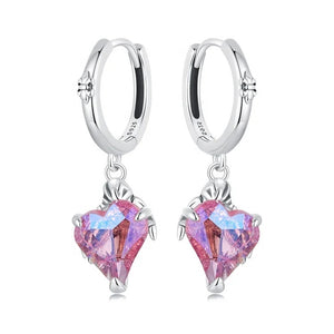 925 Sterling Silver Rhodium Plated Heart Pink Crystal Stones Huggie Earrings for Kids & Teens