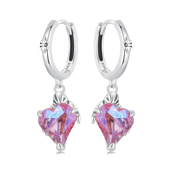 925 Sterling Silver Rhodium Plated Heart Pink Crystal Stones Huggie Earrings for Kids & Teens