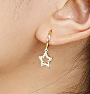 925 Sterling Silver Rhodium Plated Pavé CZ Stones Star Huggie Hoop Earrings For Kids & Teens