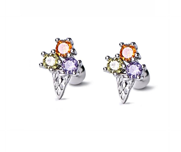 925 Sterling Silver Rhodium Plated CZ Stones Ice Cream Screw Back Earrings for Baby Kids & Teens