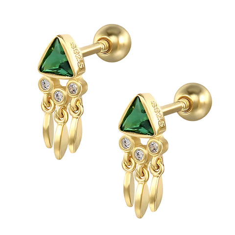 925 Sterling Silver 18K Gold Plated Triangle Shaped CZ Green Stones with Design Screw Back Earrings for Baby Kids & Teens