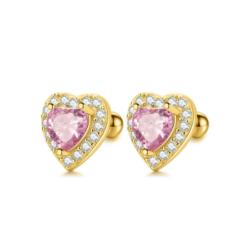 925 Sterling Silver 18K Gold Plated 8mm Pink Heart CZ Screw Back Earrings for Baby Kids & Teens