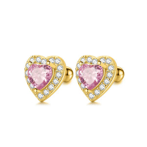 925 Sterling Silver 18K Gold Plated 8mm Pink Heart CZ Screw Back Earrings for Baby Kids & Teens