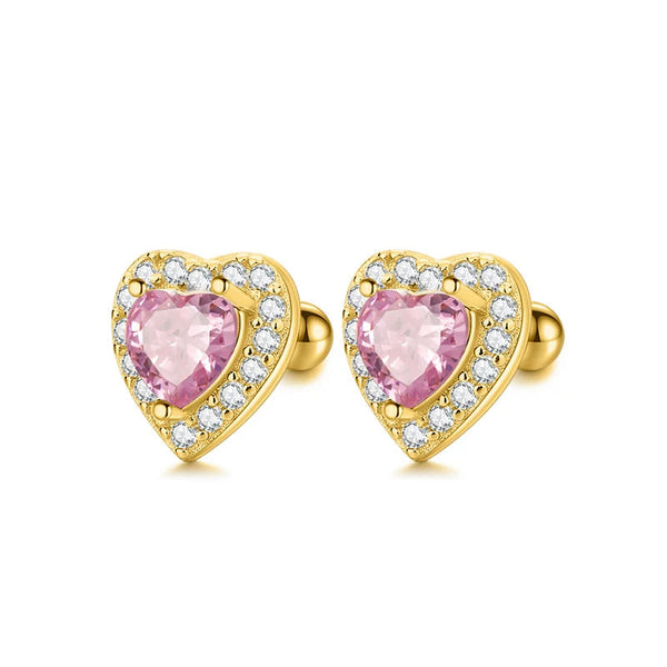 925 Sterling Silver 18K Gold Plated 8mm Pink Heart CZ Screw Back Earrings for Baby Kids & Teens