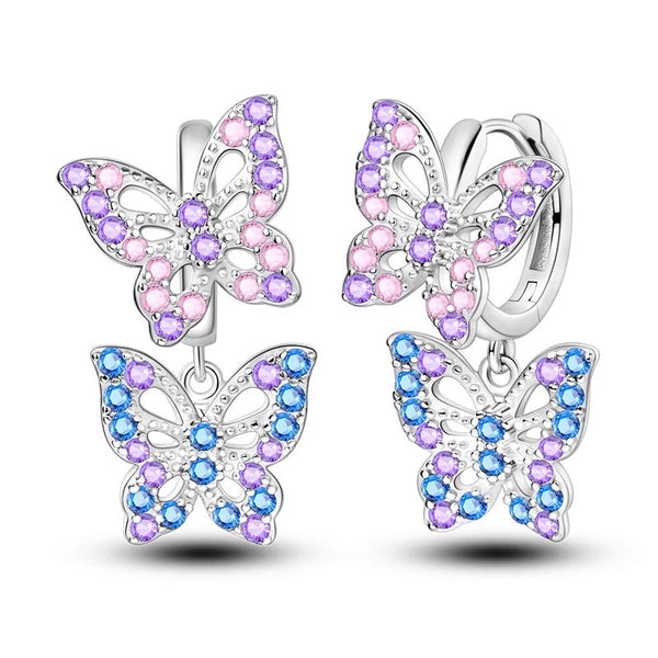 925 Sterling Silver Rhodium Plated Butterfly Pink & Blue CZ Stones Huggie Earrings for Kids & Teens