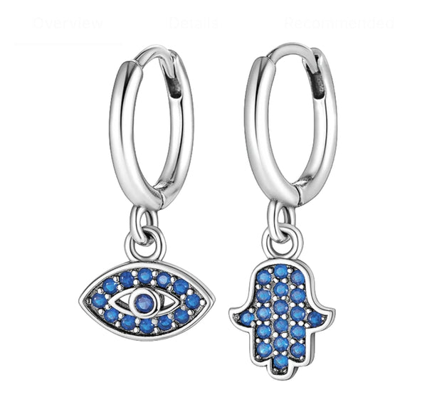 925 Sterling Silver Rhodium Plated Evil Eye Blue CZ Stones Huggie Earrings for Kids & Teens