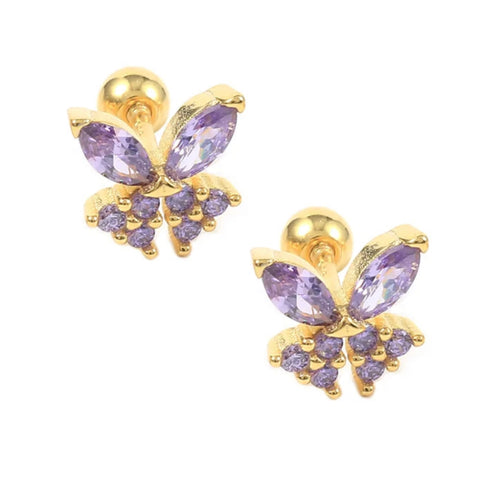 925 Sterling Silver, 18K Gold Plated Purple CZ Stones Butterfly Screw Back Earrings for Baby,Toddler Kids & Teens