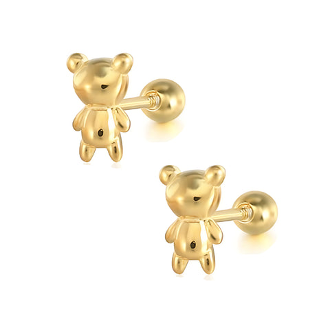 925 Sterling Silver 18K Gold Plated Teddy Bear Screw Back Earrings for Baby Kids & Teens