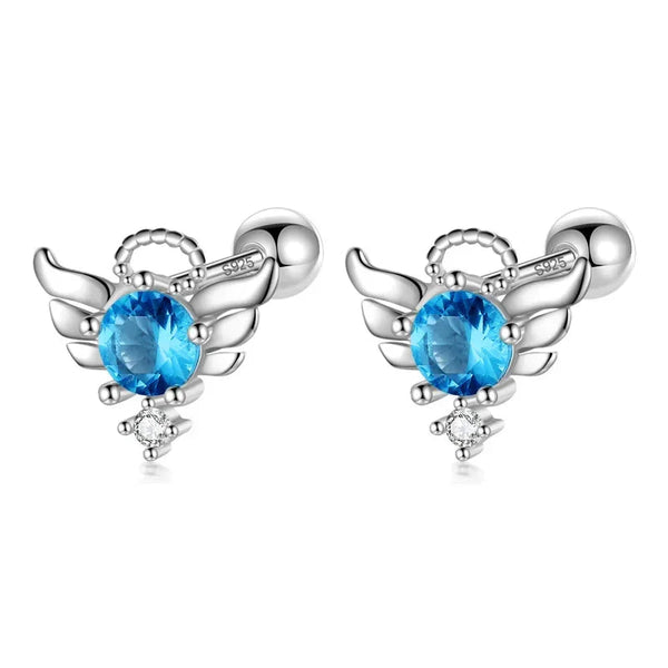 925 Sterling Silver Rhodium Plated Wings Blue CZ Screw Back Earrings for Baby Kids & Teens