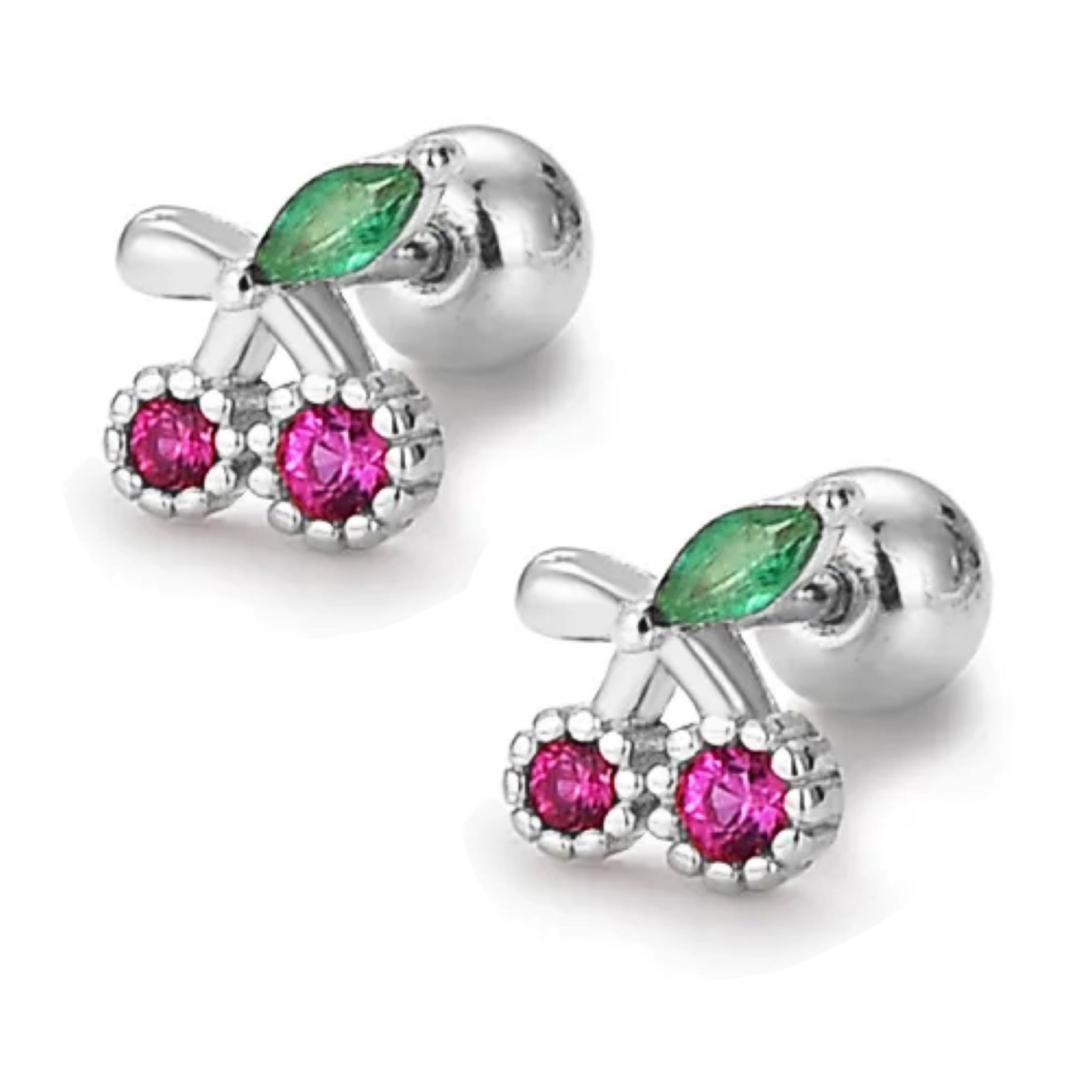 925 Sterling Silver Cherry CZ Stones ScrewBack Earrings for Baby Kids & Teens