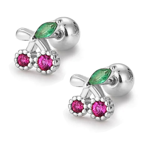 925 Sterling Silver Cherry CZ Stones ScrewBack Earrings for Baby Kids & Teens