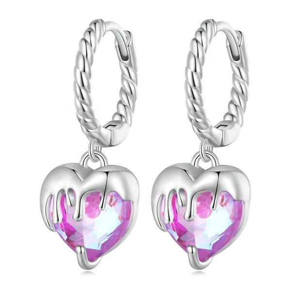 925 Sterling Silver Platinum Plated Melting Heart Pink Crystal Stones Huggie Earrings for Kids & Teens