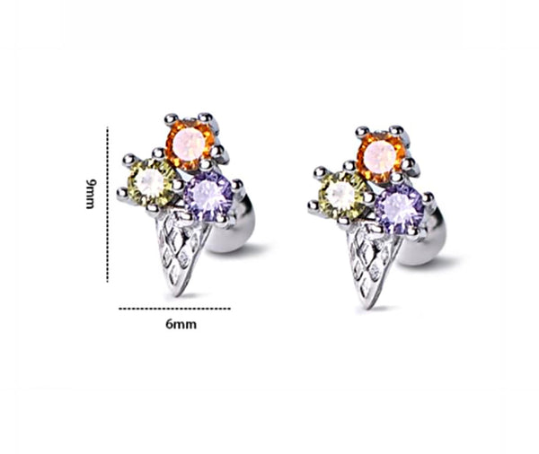 925 Sterling Silver Rhodium Plated CZ Stones Ice Cream Screw Back Earrings for Baby Kids & Teens