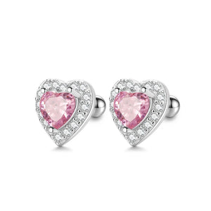 925 Sterling Silver Rhodium Plated 8mm Pink Heart CZ Screw Back Earrings for Baby Kids & Teens