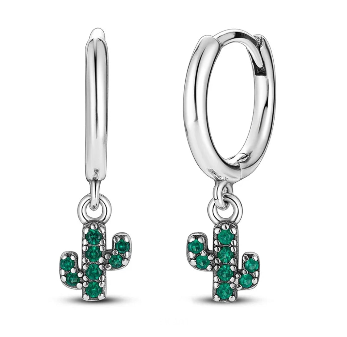 925 Sterling Silver Rhodium Plated Cactus Green CZ Stones Huggie Earrings for Kids & Teens