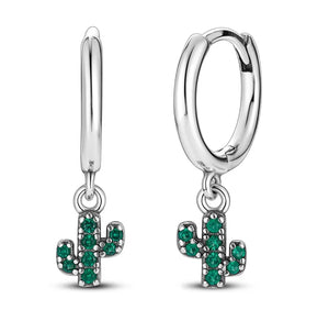 925 Sterling Silver Rhodium Plated Cactus Green CZ Stones Huggie Earrings for Kids & Teens