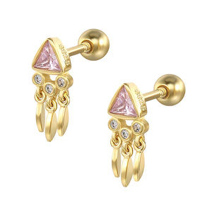 925 Sterling Silver 18K Gold Plated Triangle Shaped Pink CZ Stones with Design Screw Back Earrings for Baby Kids & Teens