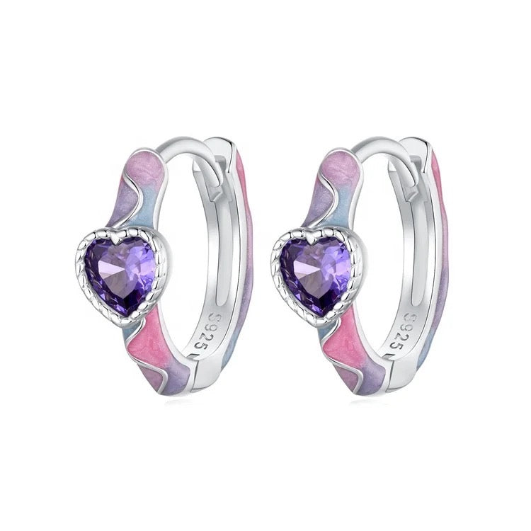 925 Sterling Silver Rhodium Plated Purple CZ Stones & Enamel Huggie Earrings for Kids & Teens