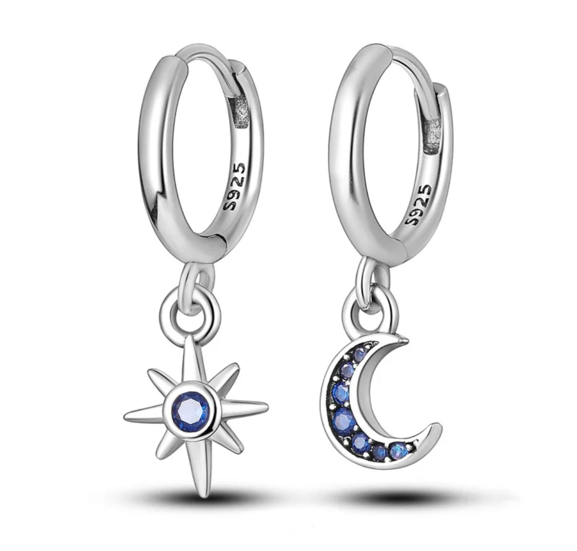 925 Sterling Silver Rhodium Plated Moon Star CZ Blue Stones Huggie Earrings for Kids & Teens