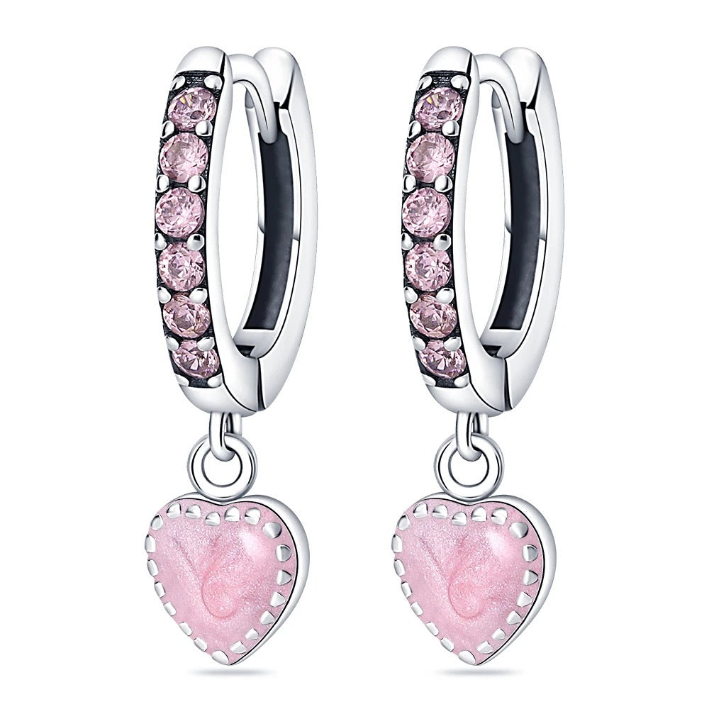 925 Sterling Silver Rhodium Plated Pink CZ Stones Enamel Heart  Huggie Earrings for Kids & Teens