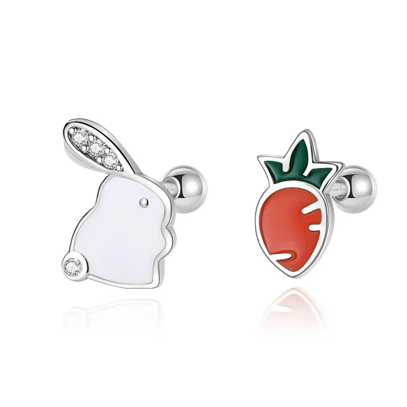 925 Sterling Silver Rhodium Plated Bunny & Carrot Screw Back Earrings for Baby Kids & Teens