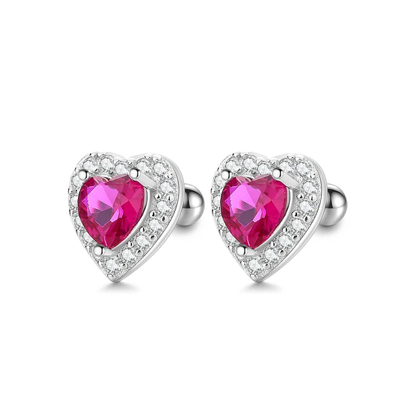 925 Sterling Silver Rhodium Plated 8mm Hot Pink Heart CZ Screw Back Earrings for Baby Kids & Teens