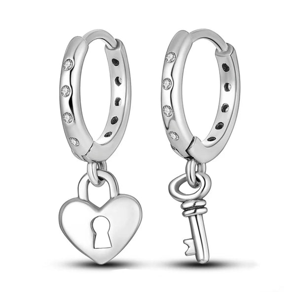 925 Sterling Silver Rhodium Plated Heart & Key CZ Stones Huggie Earrings for Kids & Teens