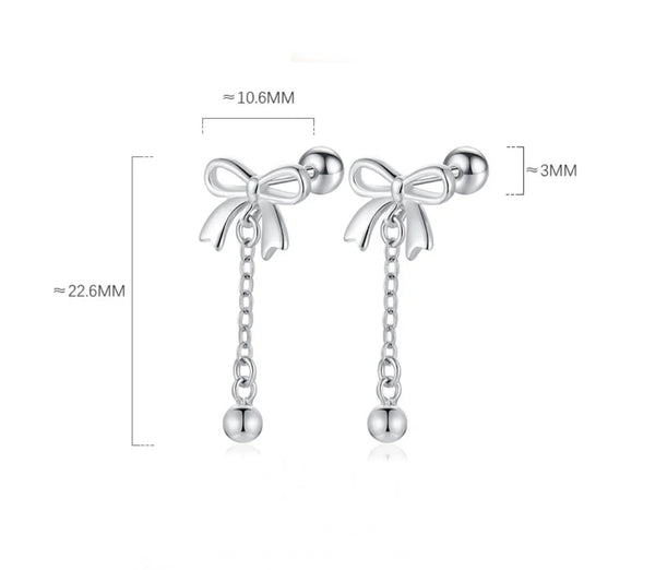 925 Sterling Silver Platinum Plated Bow with Jingle Screw Back Earrings for Kids & Teens