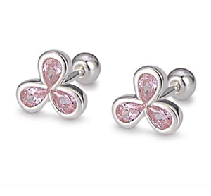 925 Sterling Silver Rhodium Plated Pink CZ Clover Screw Back Earrings for Baby, Kids, Teens