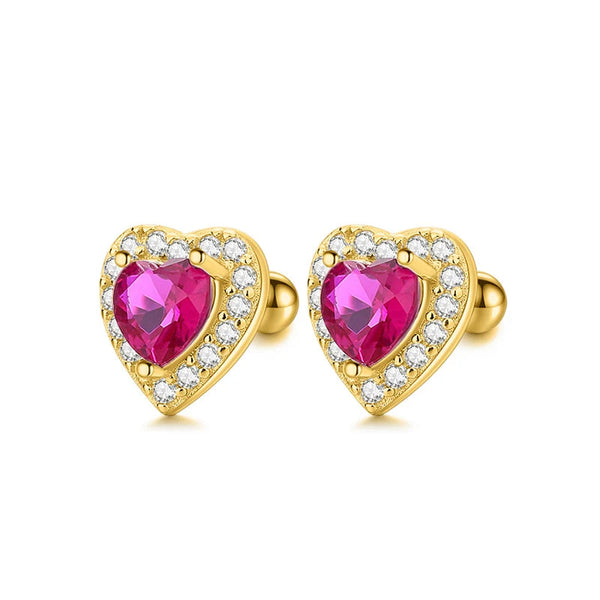 925 Sterling Silver 18K Gold Plated 8mm Hot Pink Heart CZ Screw Back Earrings for Baby Kids Teens