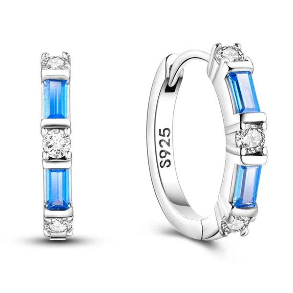 925 Sterling Silver Rhodium Plated White & Blue CZ Stones Huggie Earrings for Kids & Teens