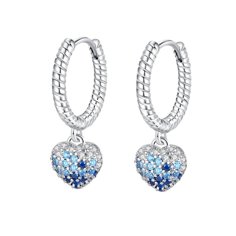 925 Sterling Silver Rhodium Plated Shades of Blue CZ Stones Heart Huggie Earrings for Kids & Teens