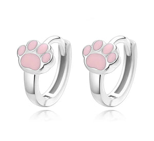 925 Sterling Silver Rhodium Plated Pink Paw Print Huggie Hoop Earring for Kids & Teens