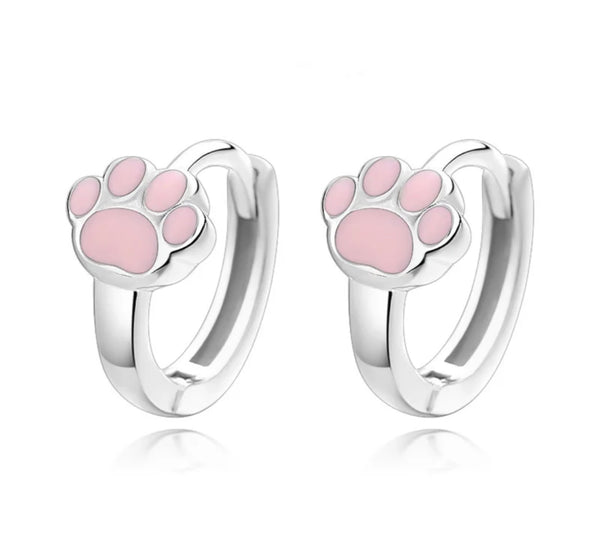 925 Sterling Silver Rhodium Plated Pink Paw Print Huggie Hoop Earring for Kids & Teens