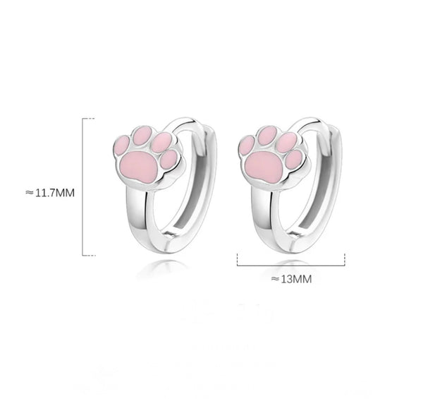 925 Sterling Silver Rhodium Plated Pink Paw Print Huggie Hoop Earring for Kids & Teens