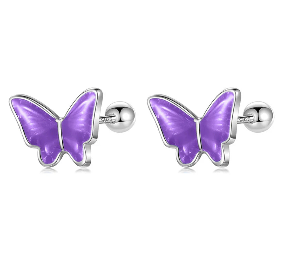 925 Sterling Silver Rhodium Plated Purple Enamel Butterfly Screw Back Earrings for Toddler Kids & Teens