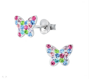 925 Sterling Silver Butterfly Crystal Stones, Enamel Push Back Earrings For Kids, Teens - Forever Kids Jewelry